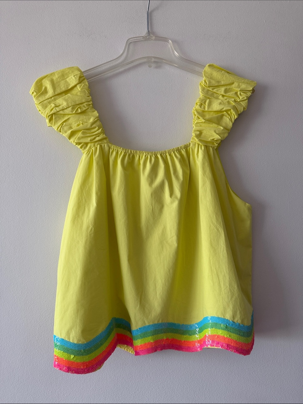 Queen of Sparkles Neon Yellow Rainbow Flutter Cotton Sleeveless Top Large NWT